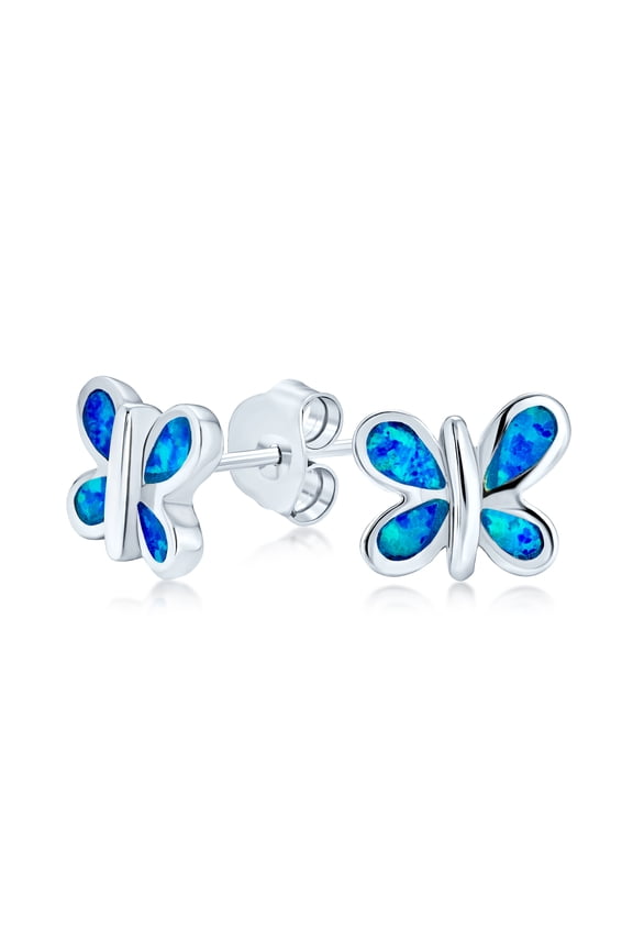 Womens Blue Opal Butterfly Stud Earrings Silver October Birthstone