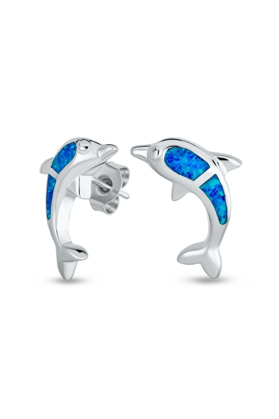 Womens Blue Opal Inlay Dolphins Stud Earrings Silver Ocean Marine