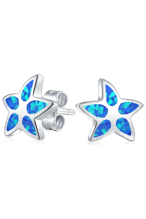 Womens Blue Opal Starfish Stud Earrings October Birthstone Ocean