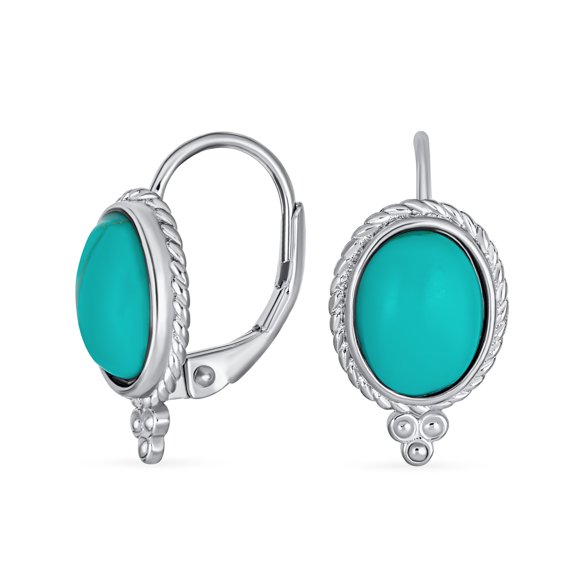 Bling Jewelry Womens Blue Turquoise Cable Edge Oval Gemstone Drop Earrings Gold Plated .925 Silver