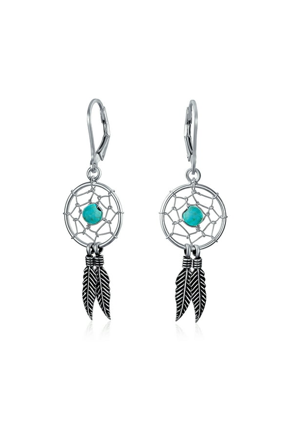 Womens Turquoise Gemstone Feather Dangle Earrings