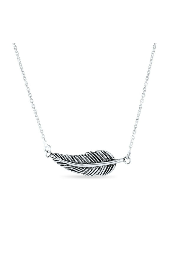 Womens Sideways Nature Leaf Feather Pendant Necklace Sterling Silver