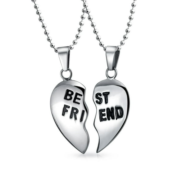 Bling Jewelry Womens BFF Break Apart 2PC Heart Pendant Necklace - Silver Tone Stainless Steel
