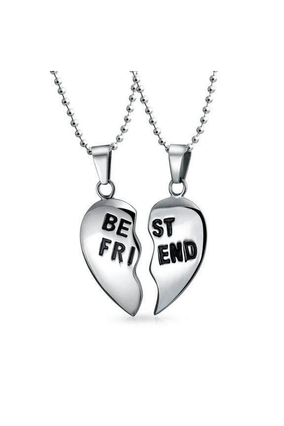 Womens BFF Break Apart 2PC Heart Pendant Necklace - Silver Tone Stainless Steel