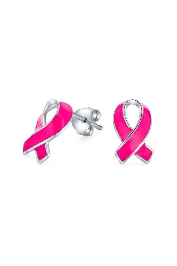 Womens Breast Cancer Awareness Pink Ribbon Stud Earrings Enamel