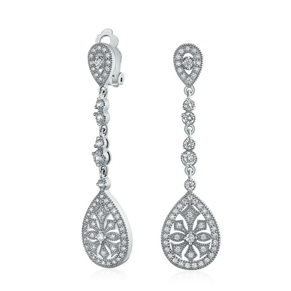 Bling Jewelry Womens Bridal Art Deco Filigree Teardrop Cubic Zirconia Clip-On Earrings GoldSilver