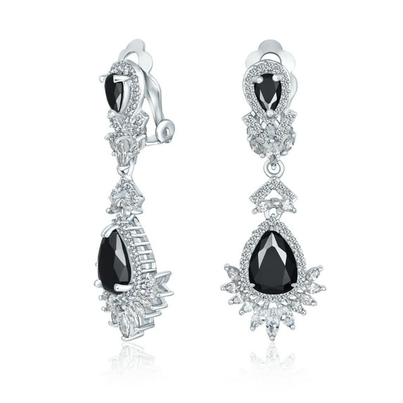 Bling Jewelry Womens Bridal Black Onyx CZ Chandelier Clip-On Earrings Vintage
