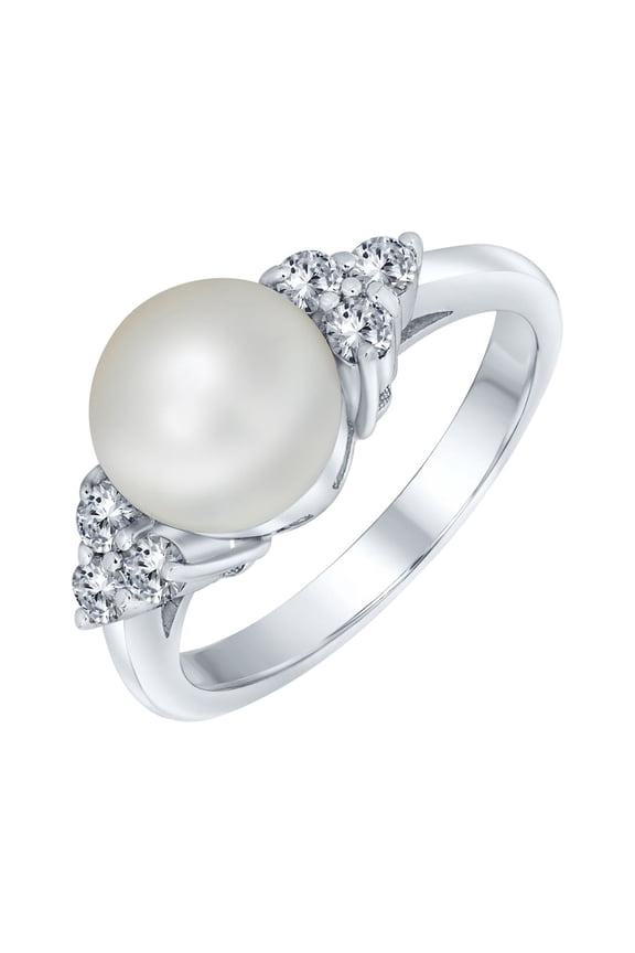 Womens Bridal CZ Halo Pearl Cocktail Statement Ring in Sterling Silver Solitaire Style