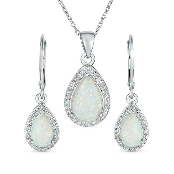 Bling Jewelry Womens Bridal CZ Halo Solitaire White Opal Teardrop Pendant & Earrings Jewelry Set