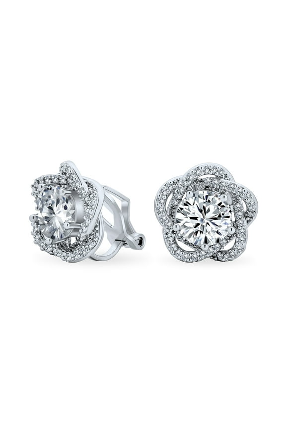 Womens Cubic Zirconia CZ 3D Twist Halo Rose Flower Shape Clip On Earrings Non Pierced Ears