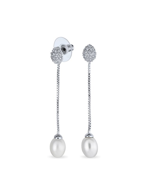Womens Bridal White Freshwater Cultured Pearl Long Chain Dangle Earrings CZ Accent