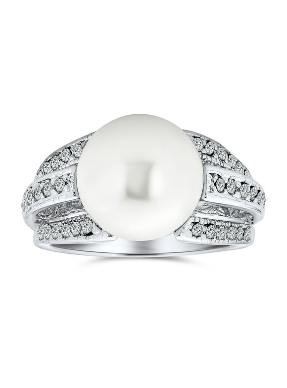 Womens Pave CZ Solitaire White Simulated Pearl Statement Ring