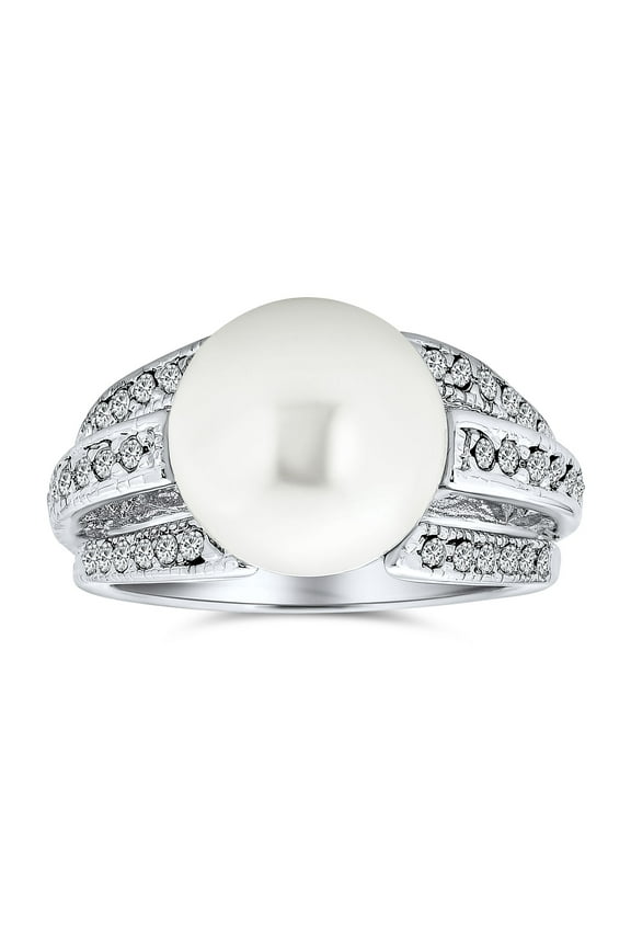 Womens White Faux Pearl Fashion Cocktail Statement Ring Pave CZ Band Silver Plated