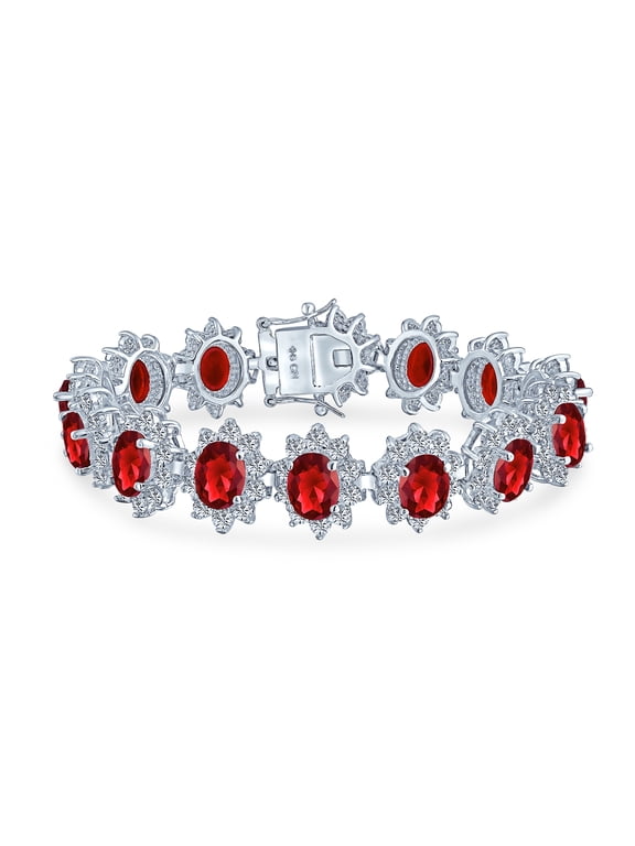 Womens Crown Halo Red Oval CZ Cocktail Statement Bracelet Silver Plated 7.5 Inch