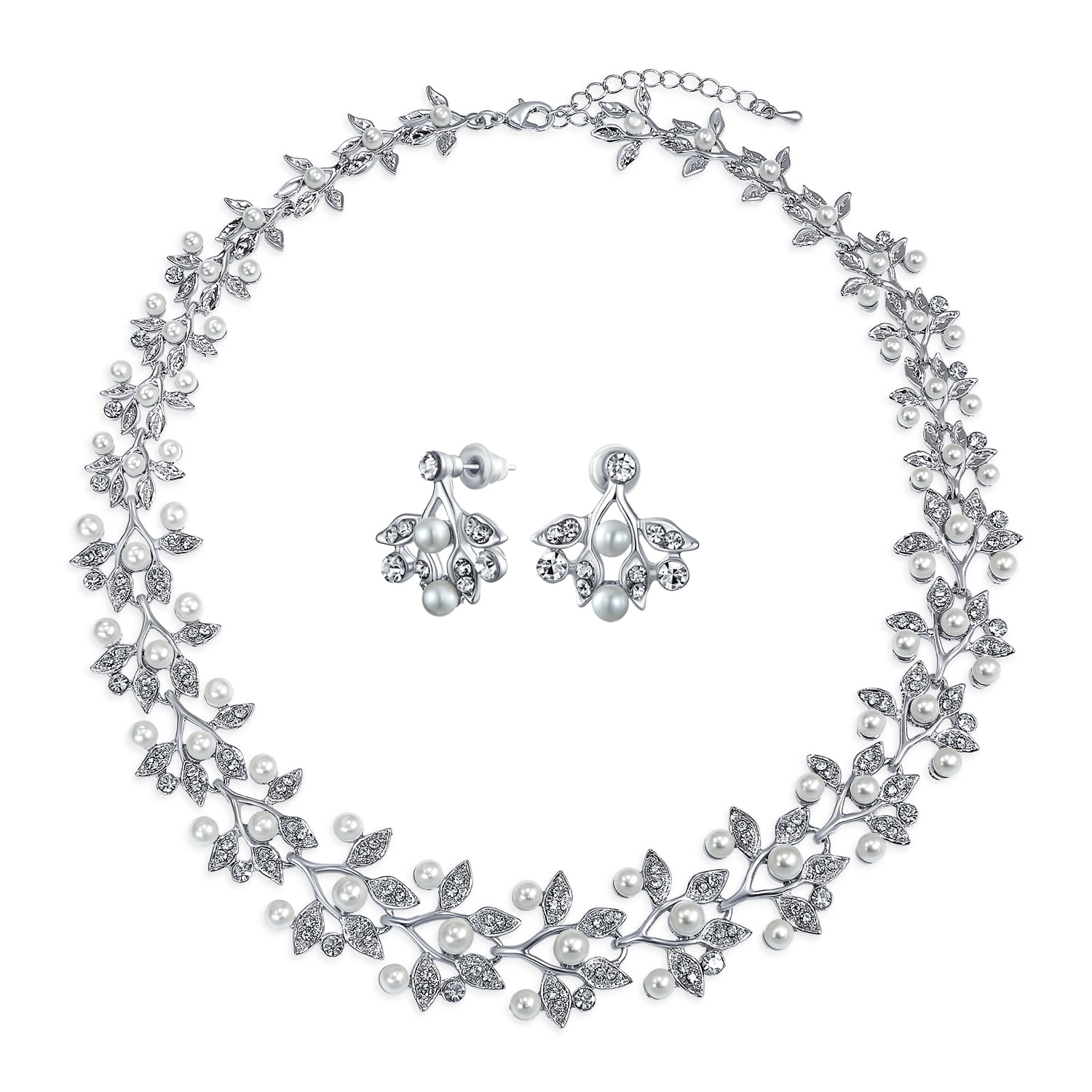 Bling Jewelry Womens Bridal Collar Necklace with Vintage Leaf Motif and Simulated Pearl for Weddings