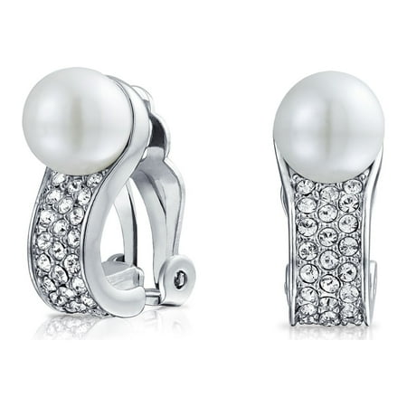 Bling Jewelry Womens Bridal Crystal Pearl Huggie Clip-On Earrings Non-Pierced