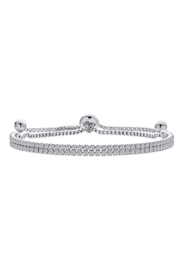 Womens Bridal Double Row CZ Slide Bolo Style Tennis Bracelet Silver Plated Prom Jewelry