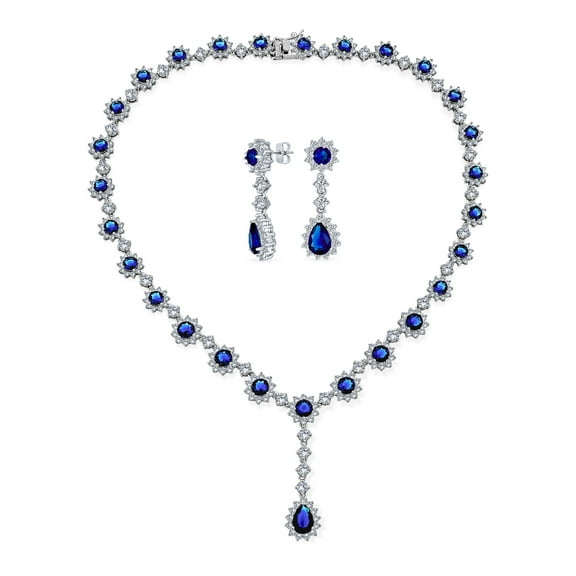 Bling Jewelry Womens Royal Blue CZ Halo Simulated Sapphire Necklace Earrings Set