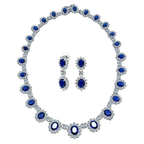 Bling Jewelry Womens Bridal Halo Blue Sapphire CZ Statement Necklace Chandelier Earrings Jewelry Set