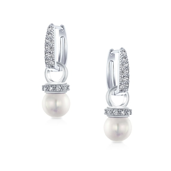 Bling Jewelry Womens Bridal Imitation White Pearl Drop CZ Hoop Earring Silver Plated