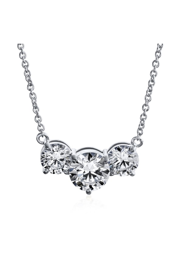 Womens Bridal 2CTW Three Stone Solitaire CZ Necklace Silver Plated