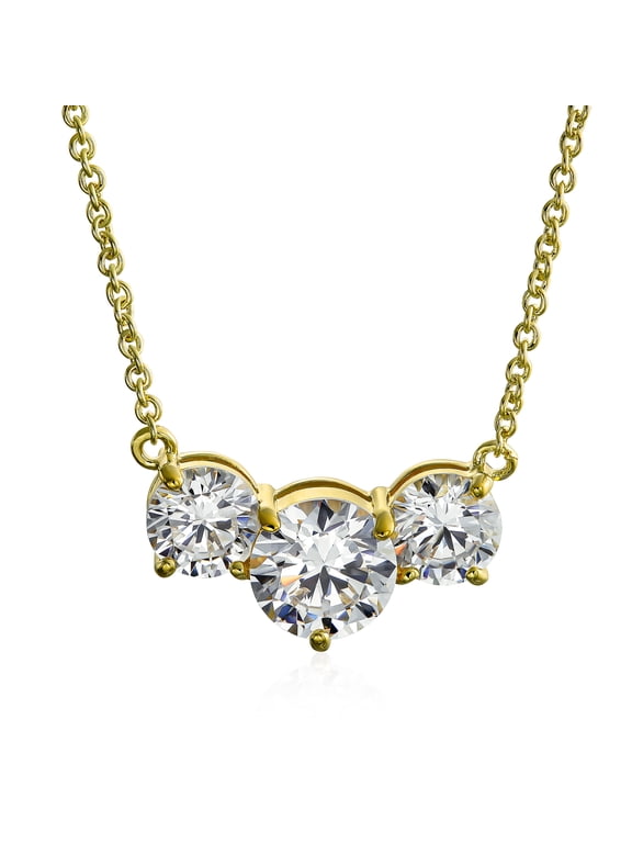 Womens Three Stone Past Present Future Solitaire Gold CZ Necklace Gold Plated
