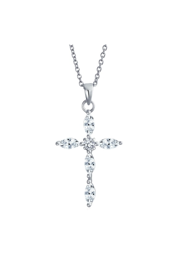 Womens Bridal Necklace Marquise Cubic Zirconia Cross Pendant in Sterling Silver