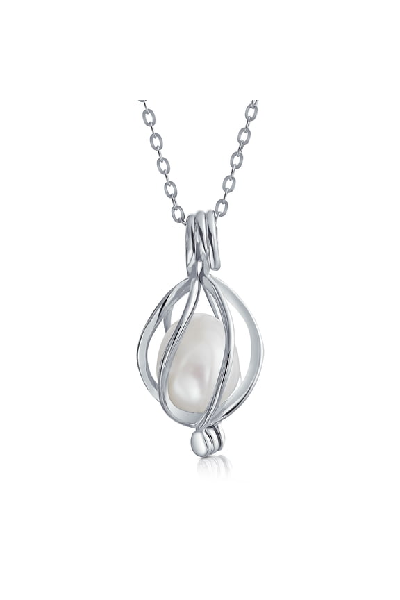 Womens Bridal Necklace Teardrop Pearl Birdcage Pendant in Sterling Silver for Weddings