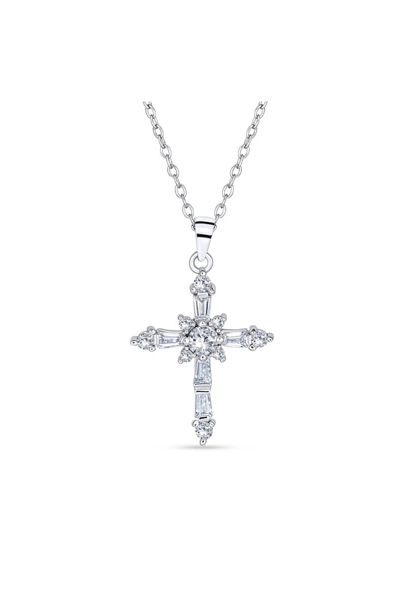 Womens Bridal Necklace Vintage Marquise Cubic Zirconia Cross Pendant Sterling Silver