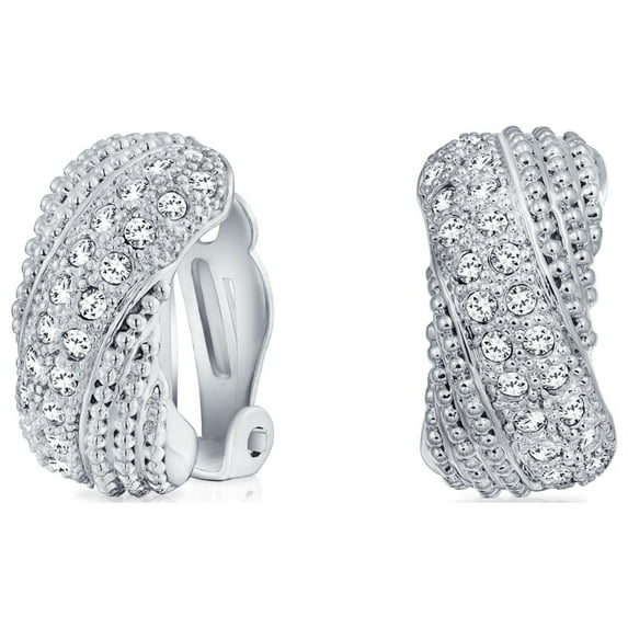 Bling Jewelry Womens Fashion Criss Cross Twisted Pave Crystal Dome Hoop Clip On Earrings Non Pierced