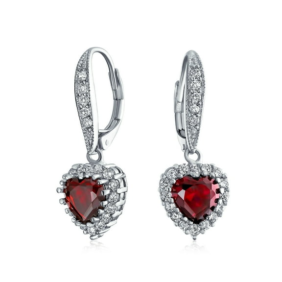 Bling Jewelry Womens Romantic Love CZ Cubic Zirconia Red Heart Dangle Drop Earrings Rhodium Plated