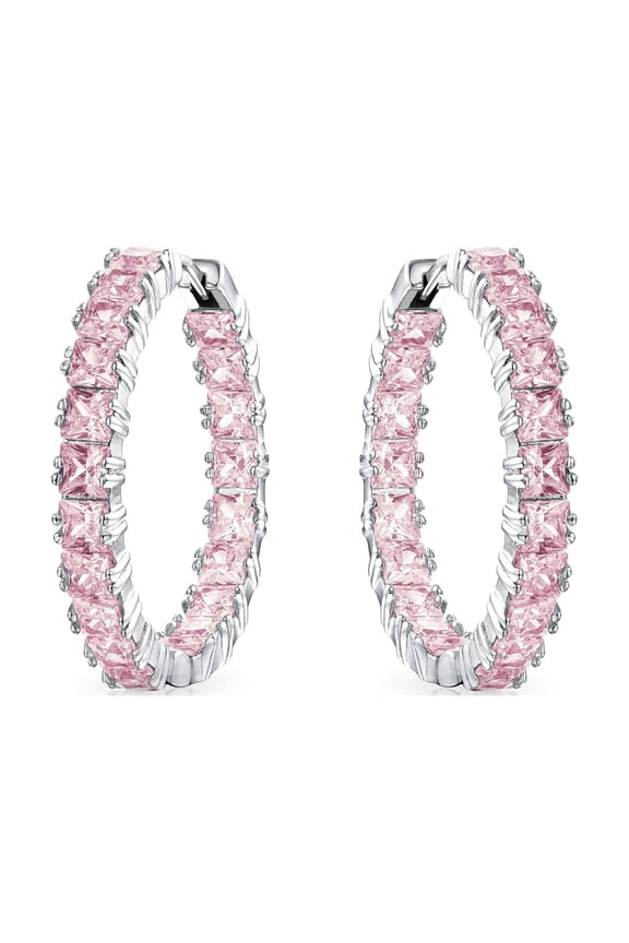 Womens Bridal Square CZ Hoop Earrings Princess Cut Inside Out Silver Rose Gold 1.25"