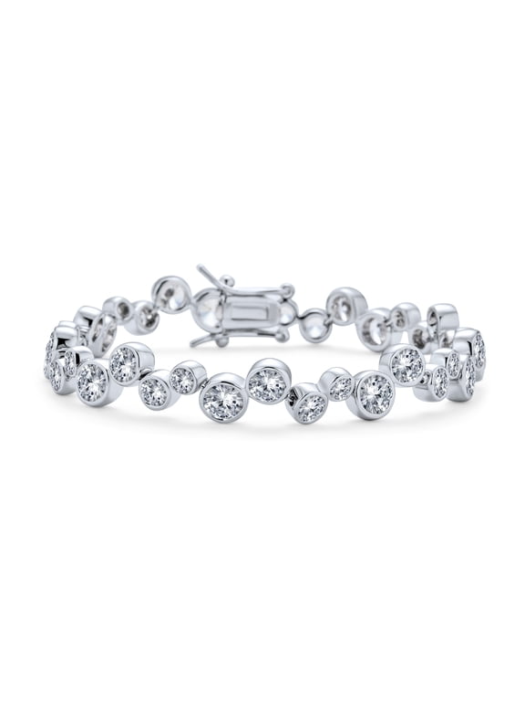Womens Modern Zigzag CZ Round Bezel Bubble Tennis Bracelet Silver Plated 7 Inch