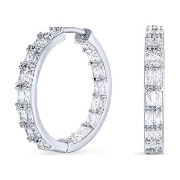 Bling Jewelry Womens CZ Hoop Earrings Emerald Cut Milgrain Silver Plated 1 Inch