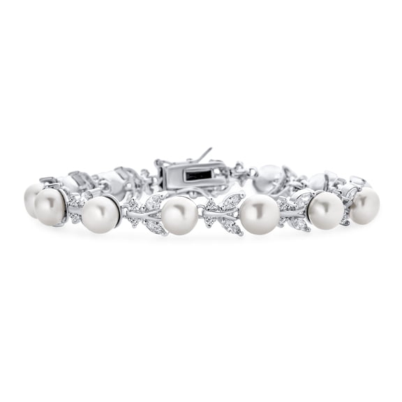 Bling Jewelry Womens Bridal Marquise CZ Leaves Freshwater Cultured Pearl Bracelet Silver Plated