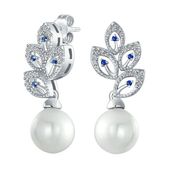 Bling Jewelry Womens Bridal Vintage Dangle Chandelier Earrings with CZ Leaf & Simulated Pearl Drop
