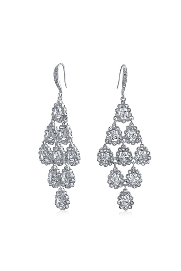 Womens Bridal Multi Teardrop Marquise CZ Waterfall Cocktail Statement Chandelier Earrings Rhodium Plated