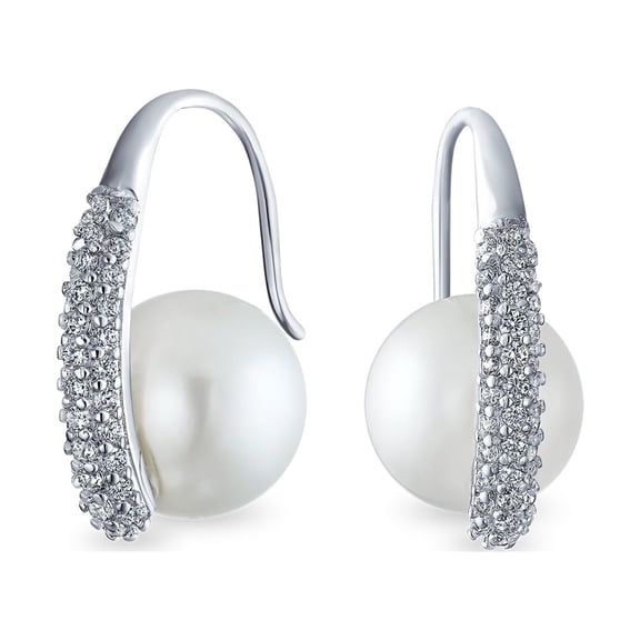 Bling Jewelry Womens Bridal White Pearl Dangle Chandelier Earrings with CZ Pave and Silver Plating