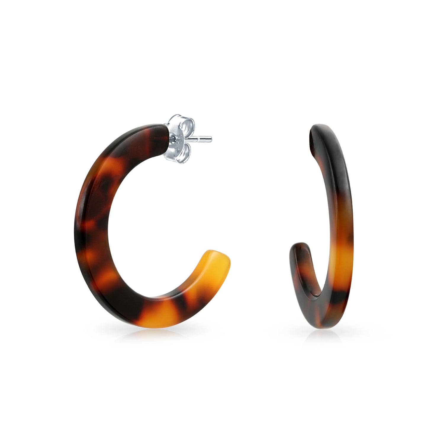 Bling Jewelry Acrylic Tortoise Shell Half Hoop Steel Earrings 1 inch, image size:1500x1500