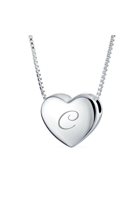 Womens C - Plain Script Alphabet A-Z Monogram Heart Pendant Necklace Sterling Silver