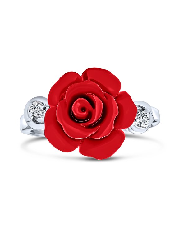 Womens Romantic CZ Accent Flower 3D Red Rose Statement Ring .925 Sterling Silver