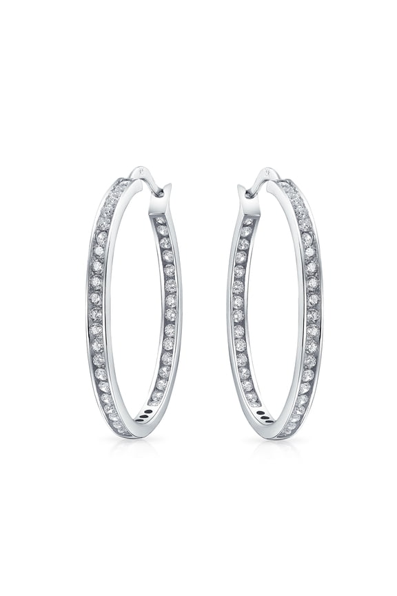 Womens Cubic Zirconia Channel Set In Side Out Statement Big CZ Hoop Earrings .925 Sterling Silver