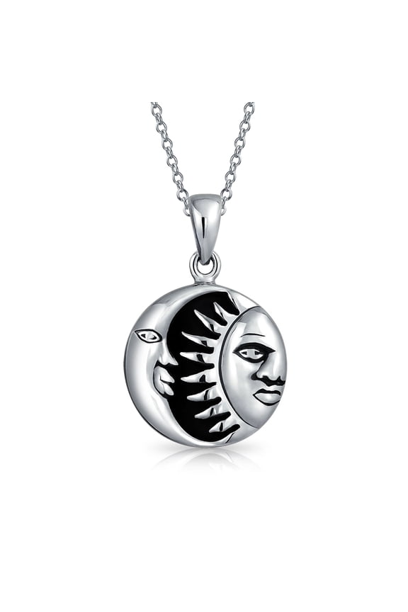 Womens Celestial Black Enamel Crescent Moon Sun Pendant Necklace Sterling Silver Teens