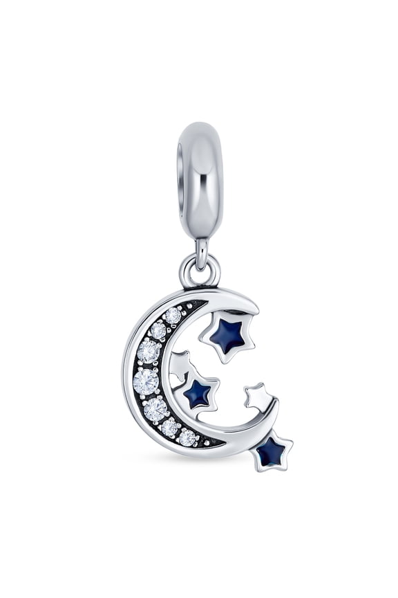 Womens .925 Sterling Silver Celestial Heavenly Crescent Moon Star Dangle Charm Bead