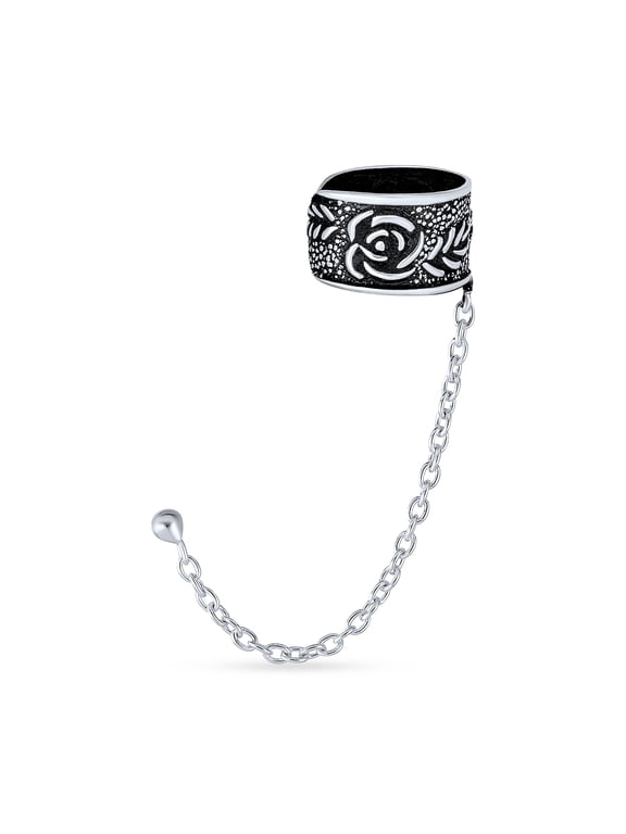 Womens Celtic Flower Rose Ear Cuff & Chain Stud Earrings Oxidized Sterling Silver