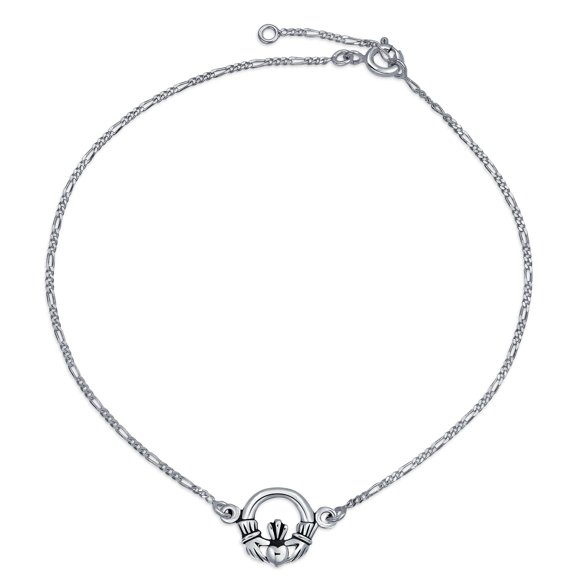 Bling Jewelry Womens Celtic Claddagh Heart Charm Anklet Bracelet Figaro Chain Sterling Silver