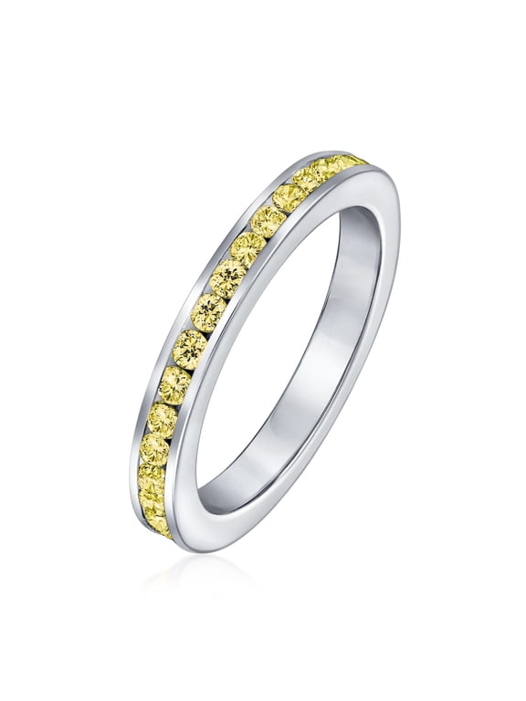 Womens Channel Set Birthstone Yellow CZ Eternity Ring Sterling Silver Stacking