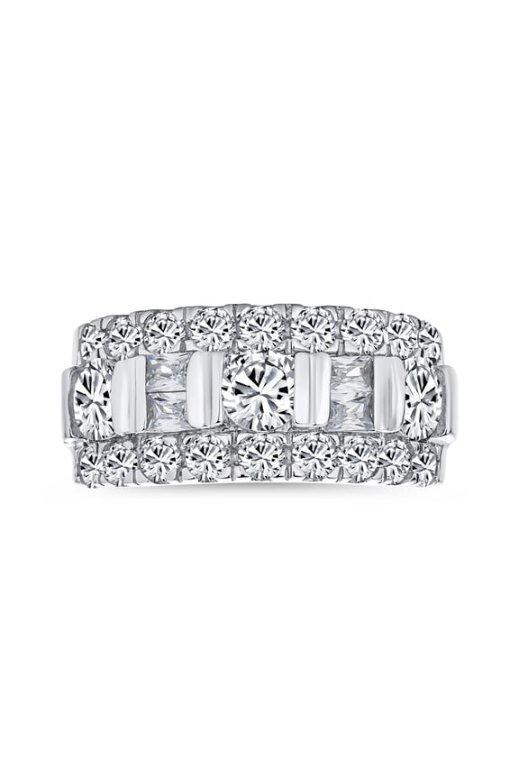 Womens Channel Set CZ Alternating Round Baguette Wide Wedding Band Ring Sterling Silver