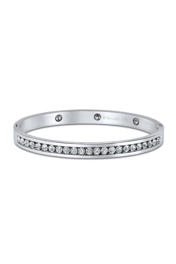 Womens CZ Bangle Cocktail Bracelet Channel Set White CZ Silver Tone Stainless Steel