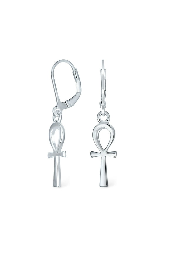 Womens Christian Ankh Cross Dangle Earrings in Polished Sterling Silver Leverback